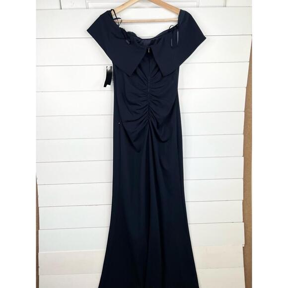 XSCAPE Navy Blue Off Shoulder Ruched Floor Length Evening Gown Dress Size 6 - Picture 3 of 13
